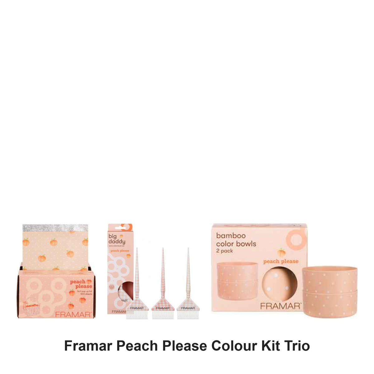 Framar - Peach Please Colour Kit Trio Bundle – bundle contents: Pop Up Foil - Peach Please 500 Sheets, Big Daddy Tint Brush - Peach Please 3pk, Bamboo Bowls - Peach Please