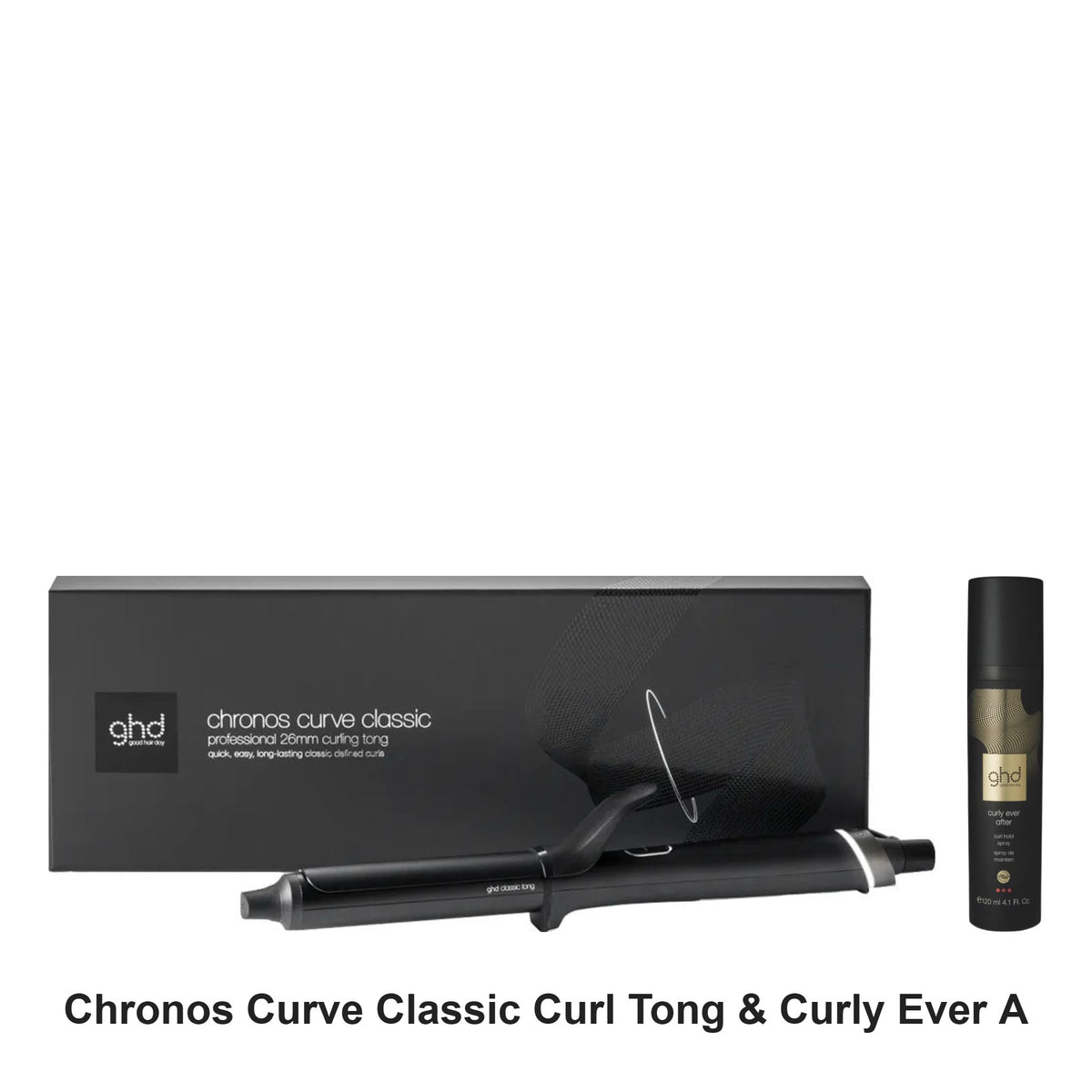 ghd - Chronos Curve Classic Curl Tong & Curly Ever After Hold Spray Duo Bundle – bundle contents: Chronos Curve Classic 26mm Curl Tong, Curly Ever After Curl Hold Spray 120ml