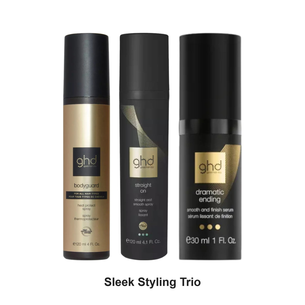 ghd - Sleek Styling Trio Bundle (Bodyguard, Straight On & Dramatic Ending) – bundle contents: Bodyguard Heat Protect Spray for All Hair 120ml, Straight On Straight & Smooth Spray 120ml, Dramatic Ending Smooth & Finish Serum 30ml