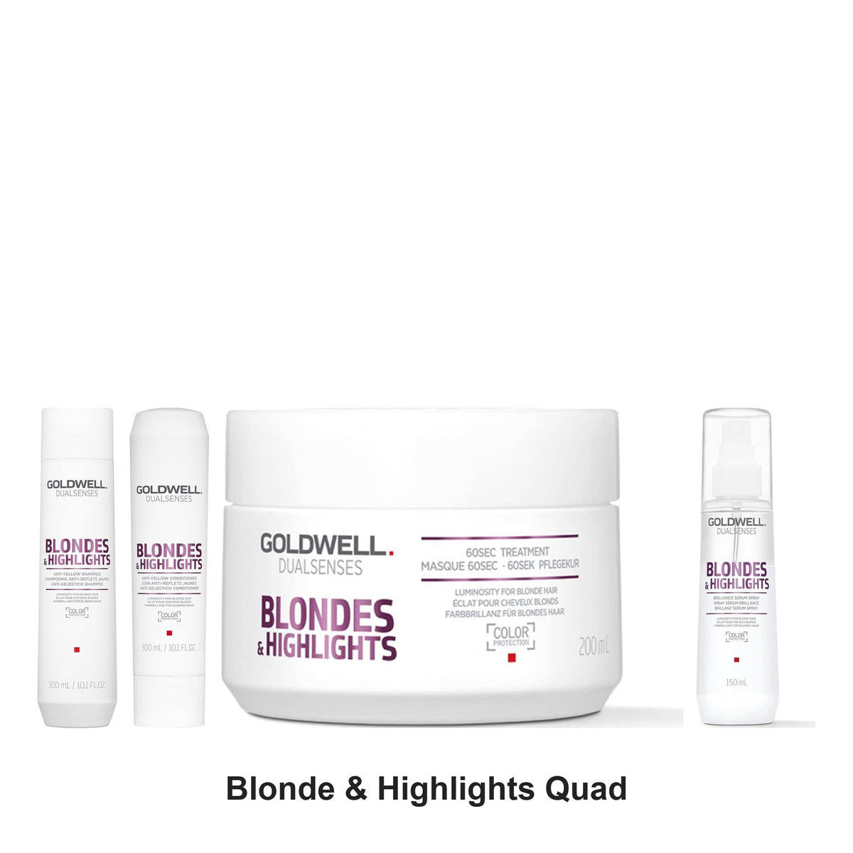 Goldwell - Blonde & Highlights Shampoo, Conditioner, Treatment & Serum Spray Quad Bundle – bundle contents: Blonde & Highlights Anti-Yellow Shampoo 300ml, Blonde & Highlights Anti-Yellow Conditioner 300ml, Blonde & Highlights 60sec Treatment 200ml, Blonde & Highlights Brilliance Serum Spray 150ml