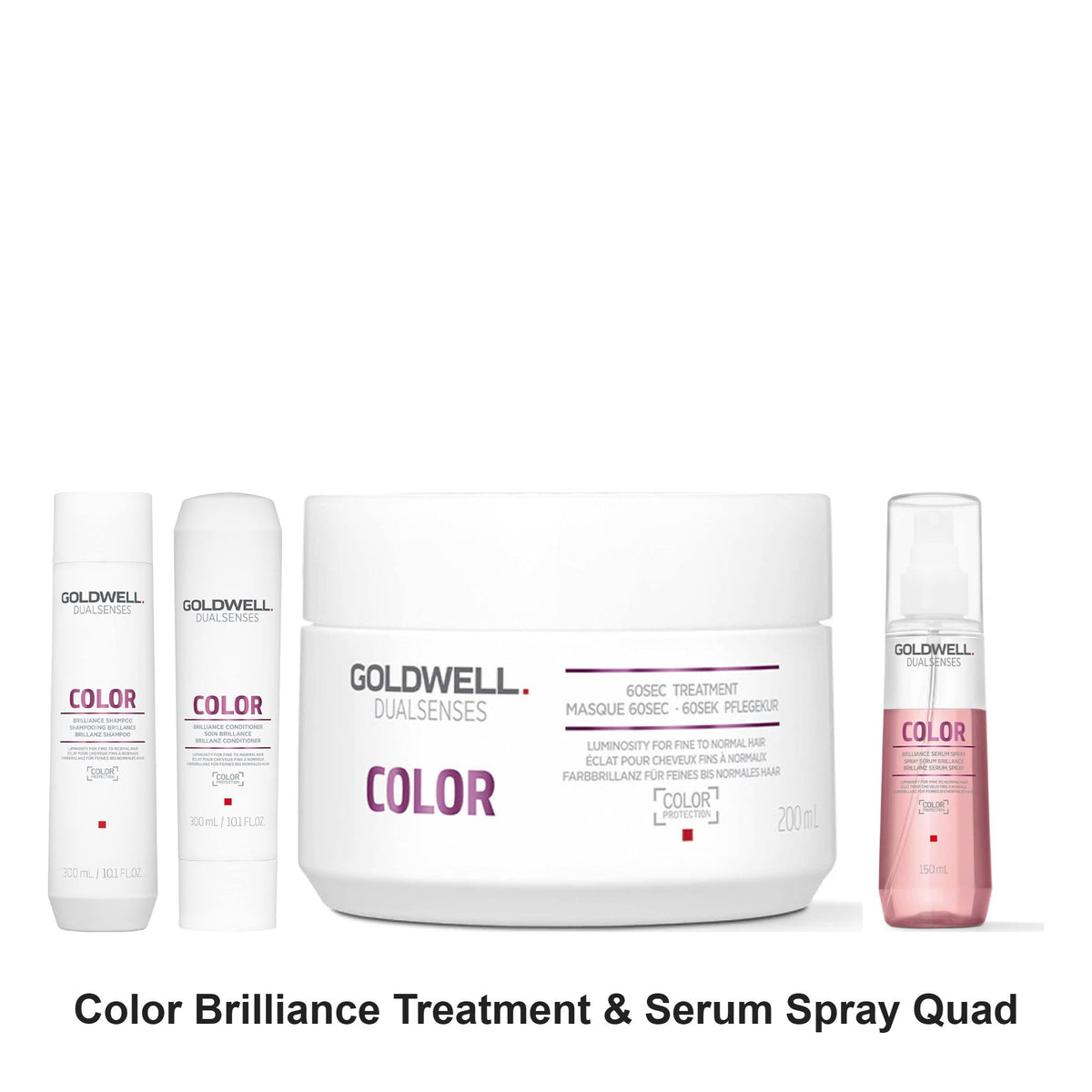 Goldwell - Color Brilliance Shampoo, Conditioner, Treatment & Serum Spray Quad Bundle – bundle contents: Color Brilliance Shampoo 300ml, Color Brilliance Conditioner 300ml, Color 60sec Treatment 200ml, Color Brilliance Serum Spray 150ml