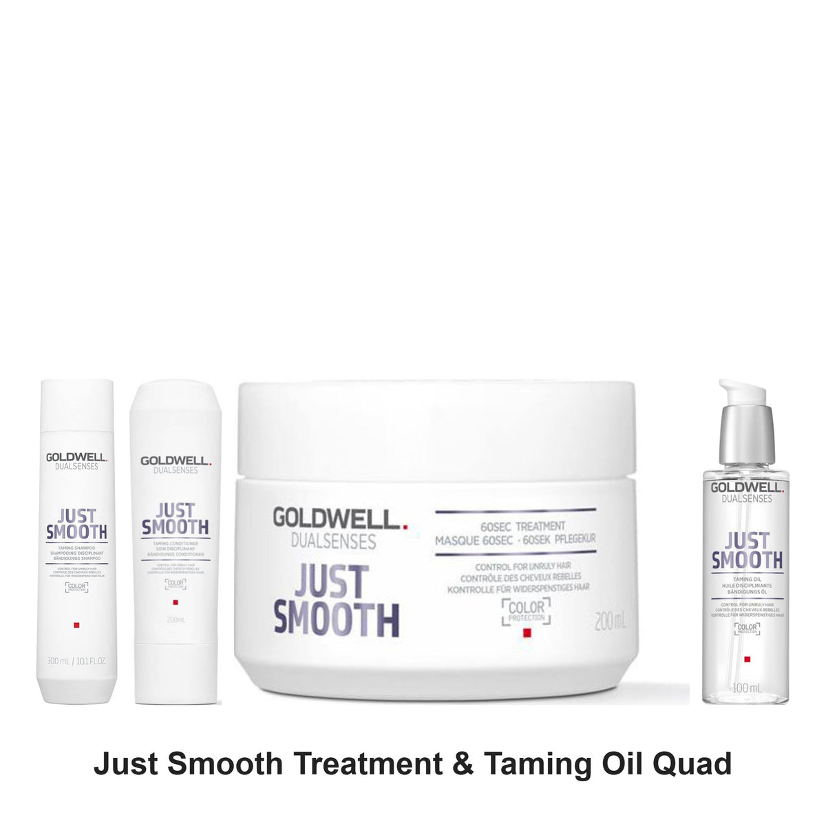 Goldwell - Just Smooth Shampoo, Conditioner, Treatment & Taming Oil Quad Bundle – bundle contents: Just Smooth Taming Shampoo 300ml, Just Smooth Taming Conditioner 300ml, Just Smooth 60 Sec Treatment 200ml, Just Smooth Taming Oil 100ml