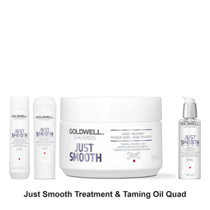 Goldwell - Just Smooth Shampoo, Conditioner, Treatment & Taming Oil Quad Bundle – bundle contents: Just Smooth Taming Shampoo 300ml, Just Smooth Taming Conditioner 300ml, Just Smooth 60 Sec Treatment 200ml, Just Smooth Taming Oil 100ml