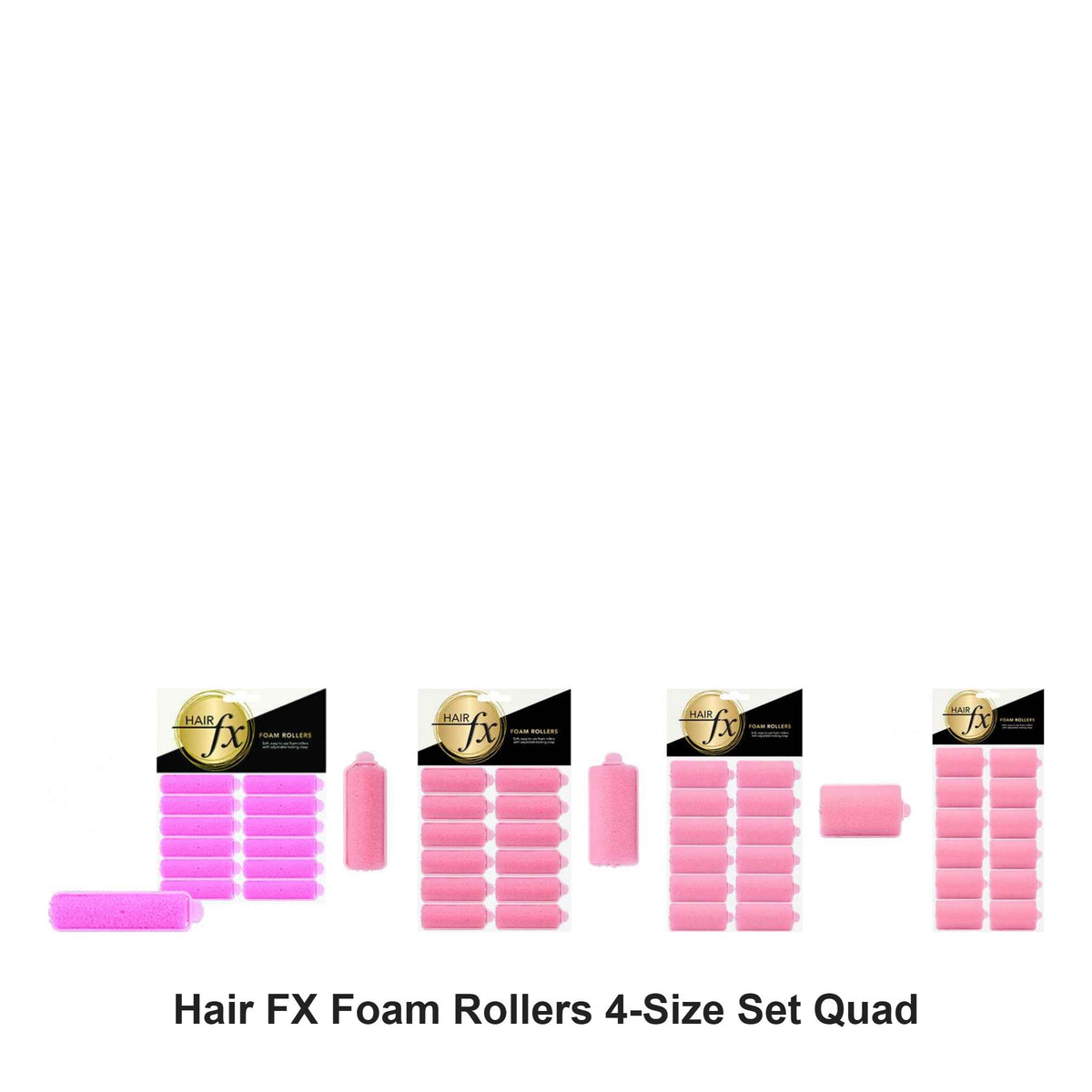 Hair FX - Foam Rollers 4-Size Set Quad Bundle – bundle contents: Foam Rollers Mini 15mm x 12pc, Foam Rollers Small 22mm x 12pc, Foam Rollers Medium 26mm x 12pc, Foam Rollers Large 35mm x 12pc