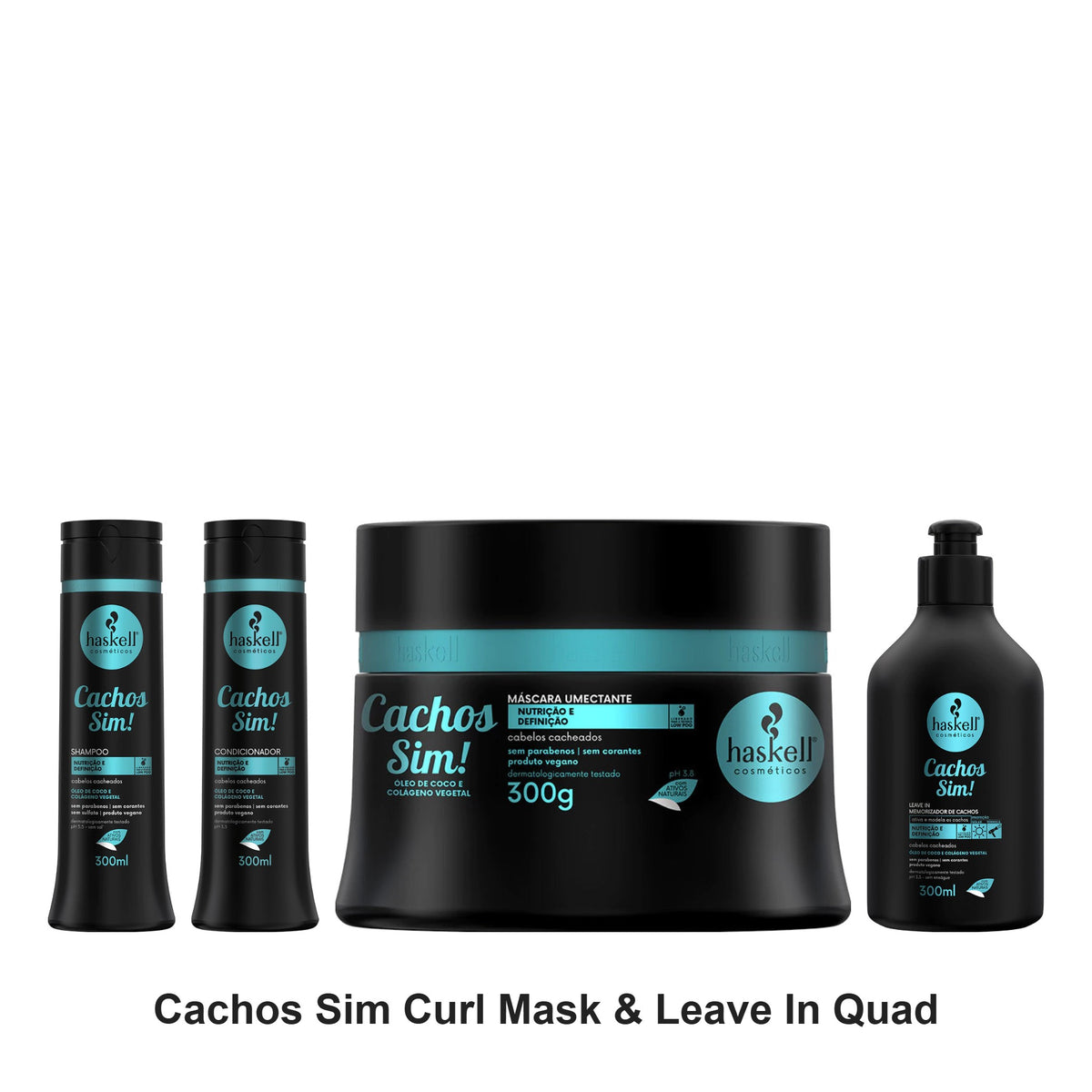 Haskell - Cachos Sim Curl Shampoo, Conditioner, Mask & Leave In Quad Bundle – bundle contents: Cachos Sim (Curl Yes) Shampoo 300ml, Cachos Sim (Curl Yes) Conditioner 300ml, Cachos Sim (Curl Yes) Mask 300g, Cachos Sim (Curl Yes) Leave In 300ml