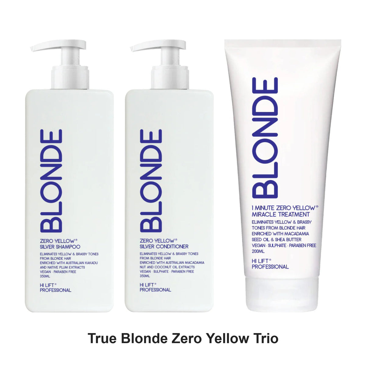 Hi Lift - True Blonde Zero Yellow Shampoo, Conditioner & 1 Min Treatment Trio Bundle – bundle contents: True Blonde Zero Yellow Shampoo 350ml, True Blonde Zero Yellow Conditioner 350ml, Blonde 1 min Zero Yellow Miracle Treatment 200ml