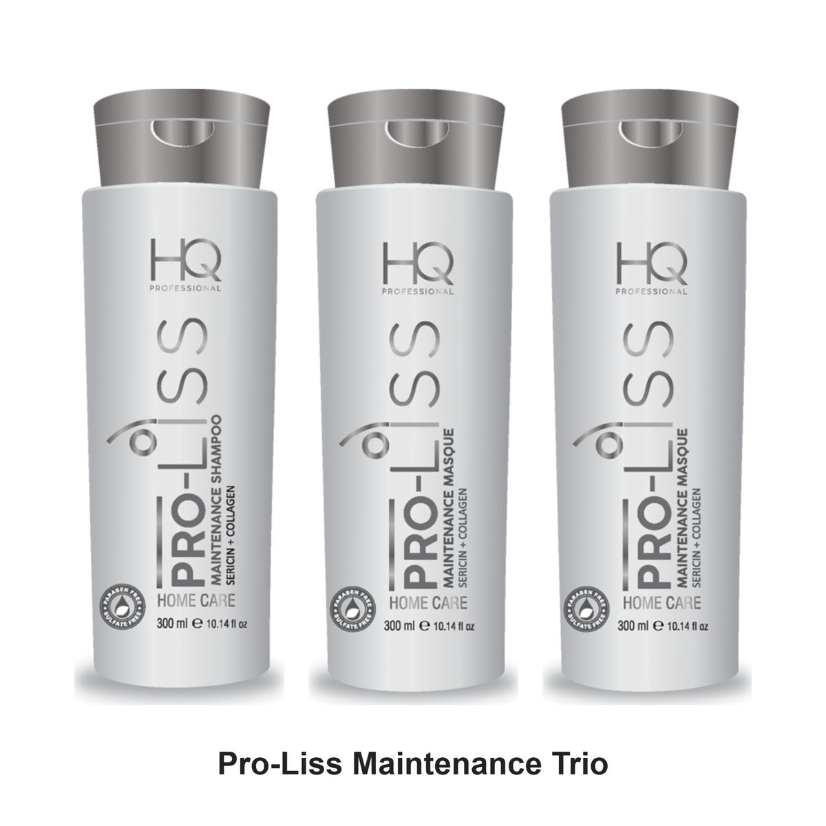 HQ Professional - Pro-Liss Maintenance Shampoo, Masque & Leave-In Trio Bundle – bundle contents: Pro-Liss Maintenance Shampoo 300ml, Pro-Liss Maintenance Masque 300ml, Pro-Liss Maintenance Leave-In 250ml