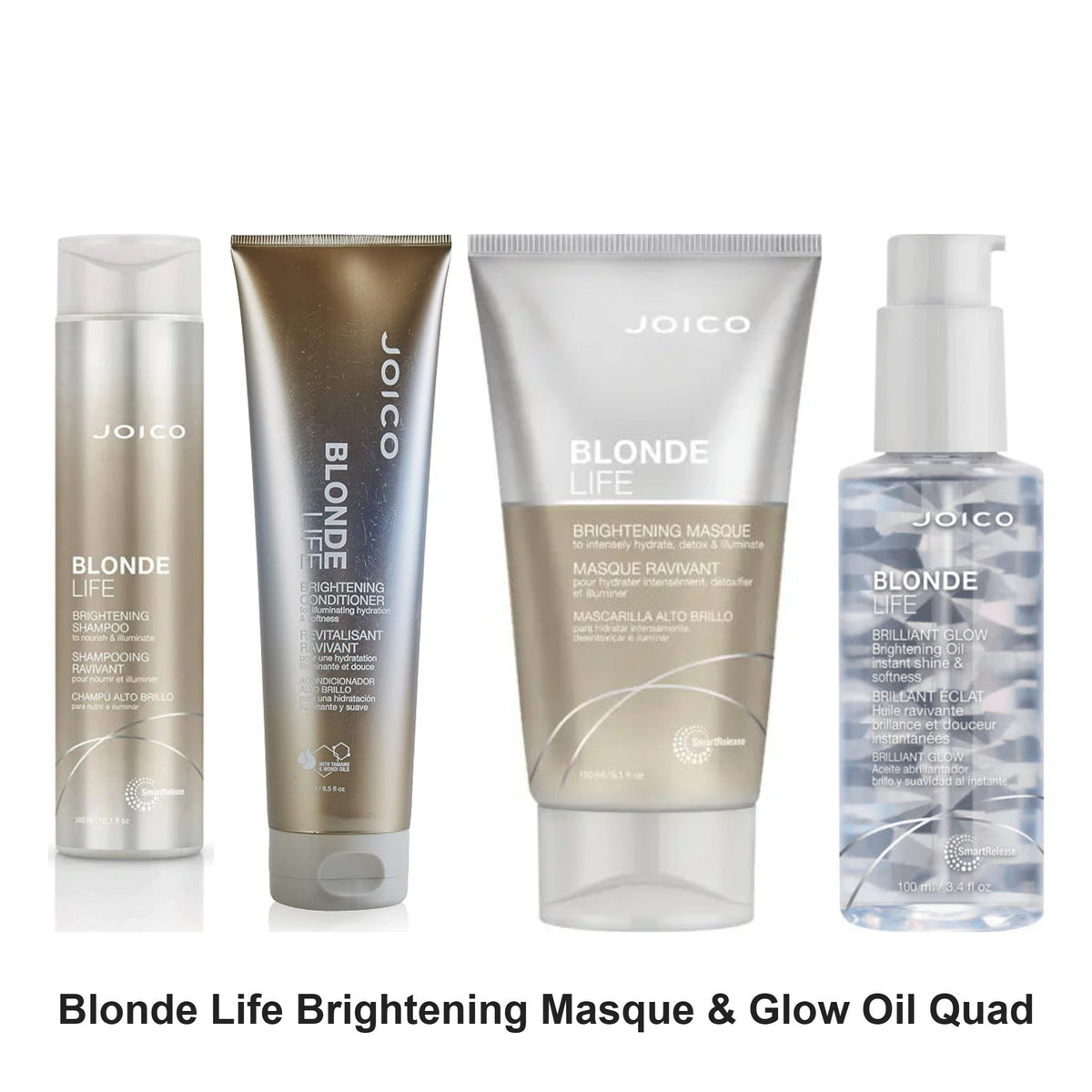 Joico - Blonde Life Brightening Shampoo, Conditioner, Masque & Glow Oil Quad Bundle – bundle contents: Blonde Life Brightening Shampoo 300ml, Blonde Life Brightening Conditioner 250ml, Blonde Life Brightening Masque 150ml, Blonde Life Brilliant Glow Brightening Oil 100ml
