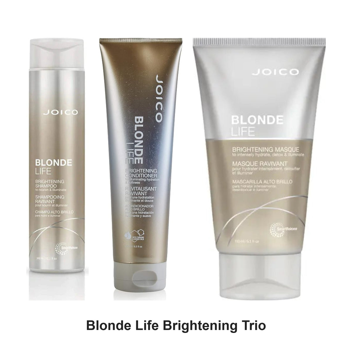 Joico - Blonde Life Brightening Shampoo, Conditioner & Masque Trio Bundle – bundle contents: Blonde Life Brightening Shampoo 300ml, Blonde Life Brightening Conditioner 250ml, Blonde Life Brightening Masque 150ml