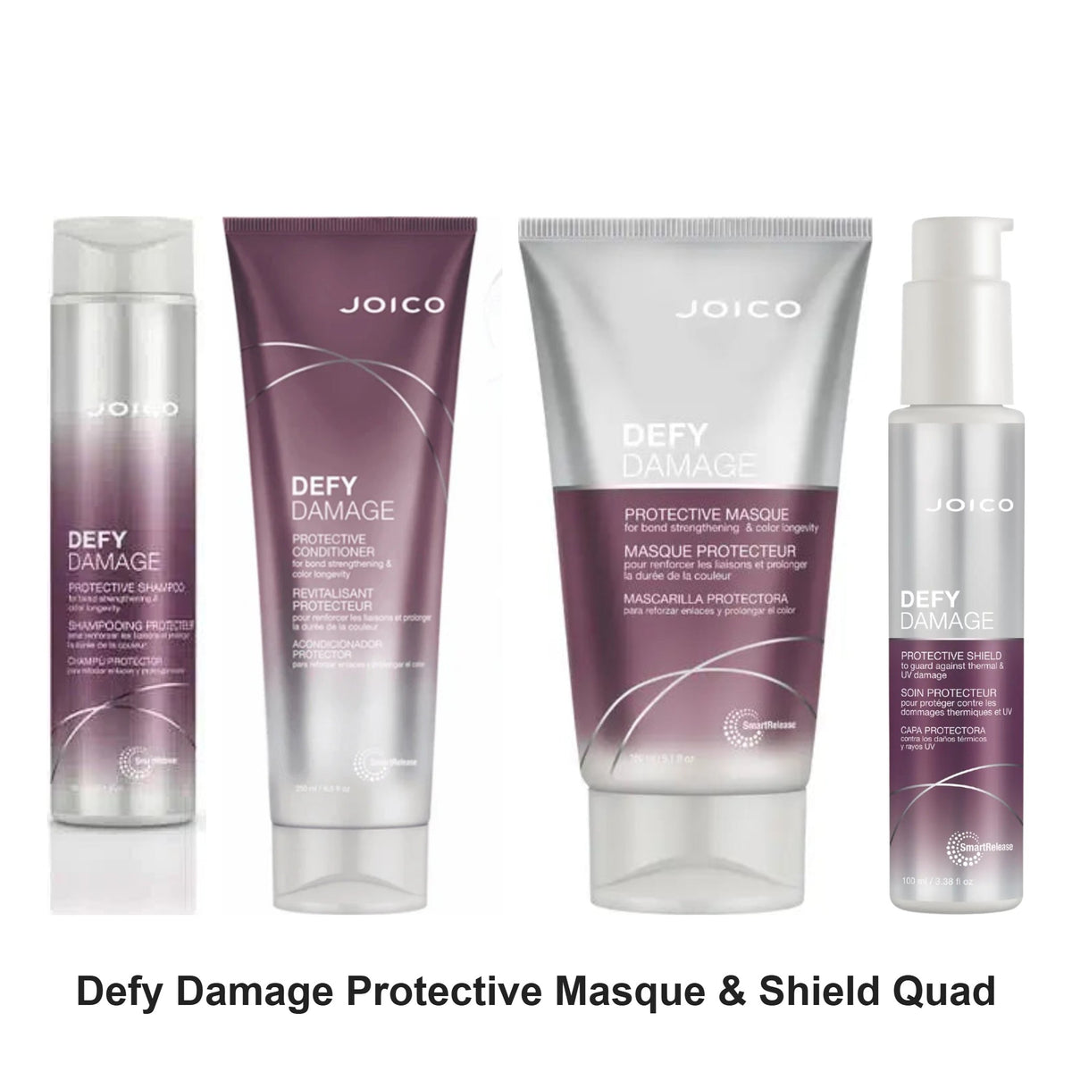 Joico - Defy Damage Protective Shampoo, Conditioner, Masque & Shield Quad Bundle – bundle contents: Defy Damage Protective Shampoo 300ml, Defy Damage Protective Conditioner 250ml, Defy Damage Protective Masque 150ml, Defy Damage Protective Shield 100ml