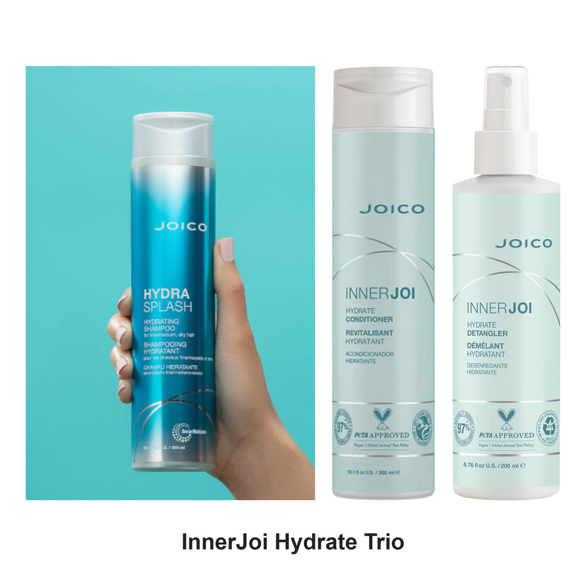 Joico - InnerJoi Hydrate Shampoo, Conditioner & Detangler Trio Bundle – bundle contents: InnerJoi Hydrate Shampoo 300ml, InnerJoi Hydrate Conditioner 300ml, InnerJoi Hydrate Detangler 200ml