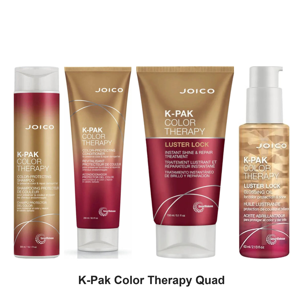 Joico - K-Pak Color Therapy Shampoo, Conditioner, Luster Lock Treatment & Glossing Oil Quad Bundle – bundle contents: K-Pak Color Therapy Color Protecting Shampoo 300ml, K-Pak Color Therapy Color Protecting Conditioner 250ml, K-Pak Color Therapy Luster Lock Treatment 150ml, K-Pak Color Therapy Luster Lock Glossing Oil 63ml