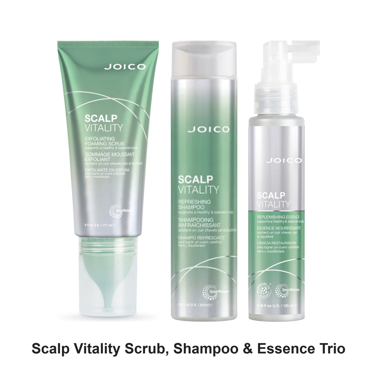 Joico - Scalp Vitality Scrub, Shampoo & Essence Trio Bundle – bundle contents: Scalp Vitality Exfoliating Foaming Scrub 177ml, Scalp Vitality Refreshing Shampoo 300ml, Scalp Vitality Replenishing Essence 100ml
