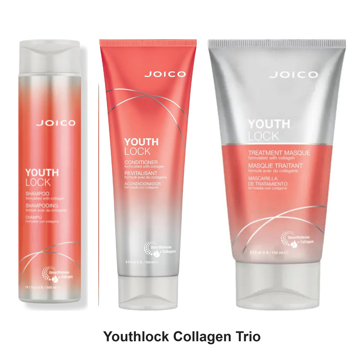 Joico - Youthlock Collagen Shampoo, Conditioner & Treatment Masque Trio Bundle – bundle contents: Youthlock Collagen Shampoo 300ml, Youthlock Collagen Conditioner 250ml, Youthlock Collagen Treatment Masque 150ml
