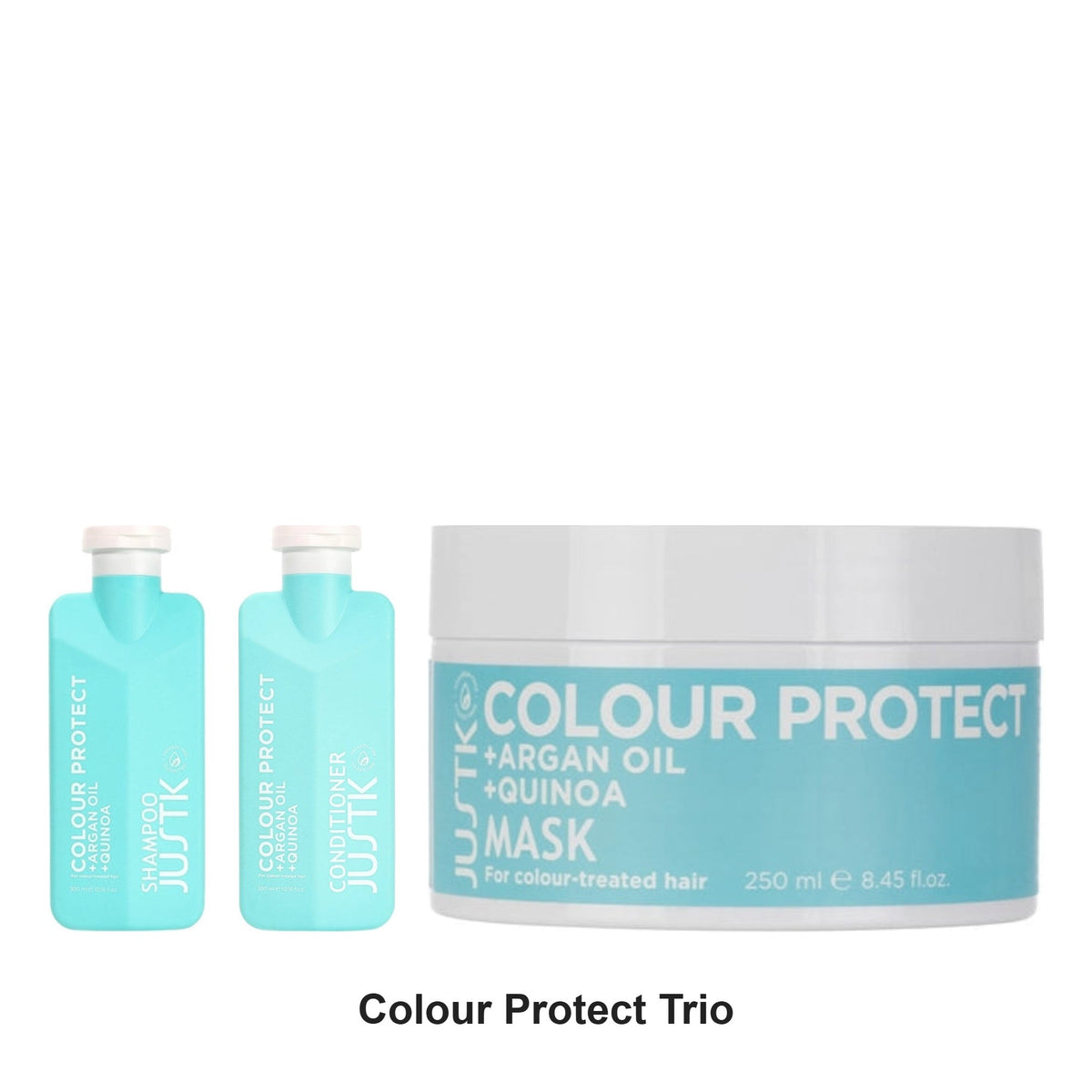 JustK - Colour Protect Shampoo, Conditioner & Mask Trio Bundle – bundle contents: Colour Protect Argan Oil & Quinoa Shampoo 300ml, Colour Protect Argan Oil & Quinoa Conditioner 300ml, Colour Protect Argan Oil & Quinoa Mask 250ml