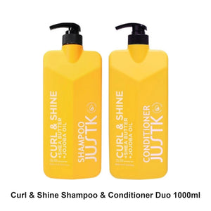 JustK - Curl & Shine Shampoo & Conditioner Duo 1000ml Bundle – bundle contents: Curl & Shine Shea Butter & Jojoba Oil Shampoo 1000ml, Curl & Shine Shea Butter & Jojoba Oil Conditioner 1000ml