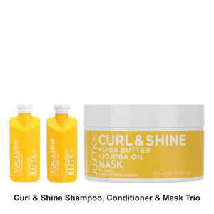 JustK - Curl & Shine Shampoo, Conditioner & Mask Trio Bundle – bundle contents: Curl & Shine Shea Butter & Jojoba Oil Shampoo 300ml, Curl & Shine Shea Butter & Jojoba Oil Conditioner 300ml, Curl & Shine Shea Butter & Jojoba Oil Mask 250ml