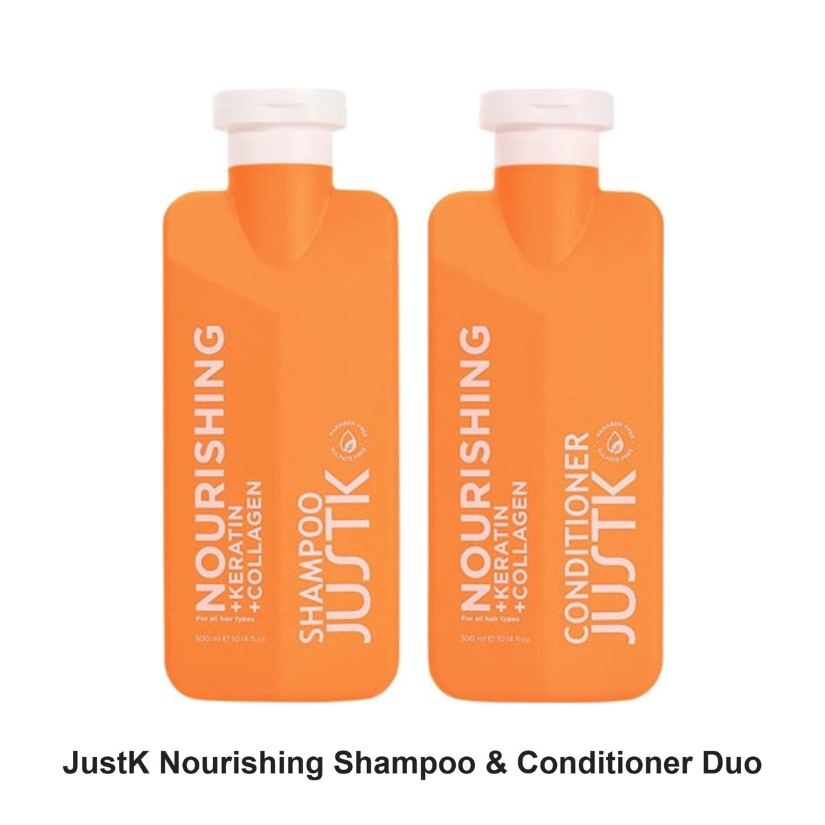 JustK - Nourishing Shampoo & Conditioner Duo Bundle – bundle contents: Nourishing Keratin & Collagen Shampoo 300ml, Nourishing Keratin & Collagen Conditioner 300ml