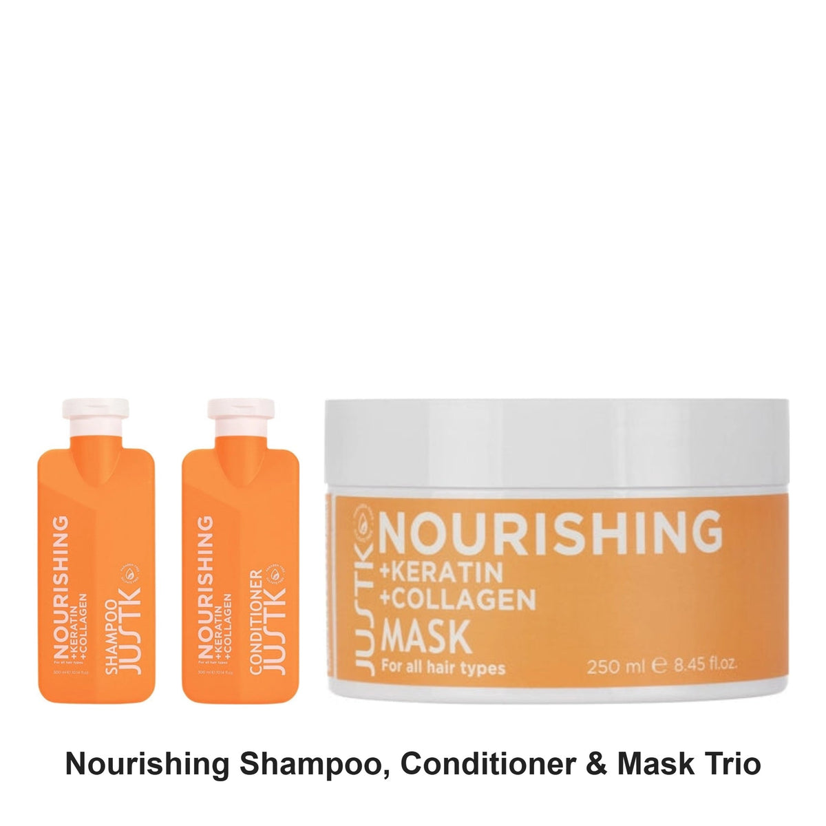 JustK - Nourishing Shampoo, Conditioner & Mask Trio Bundle – bundle contents: Nourishing Keratin & Collagen Shampoo 300ml, Nourishing Keratin & Collagen Conditioner 300ml, Nourishing Keratin & Collagen Mask 250ml