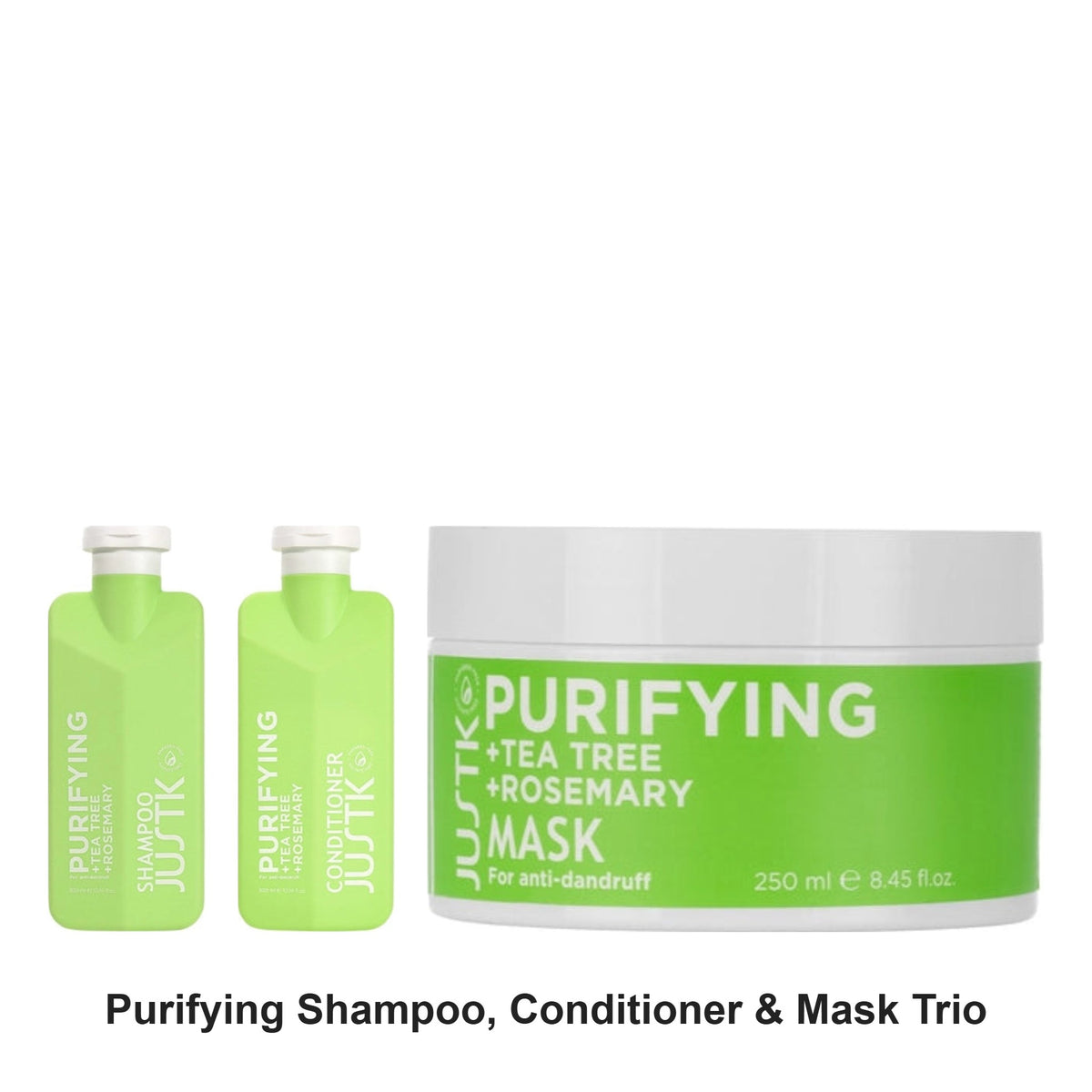 JustK - Purifying Shampoo, Conditioner & Mask Trio Bundle – bundle contents: Purifying Rosemary & Tea Tree Shampoo 300ml, Purifying Rosemary & Tea Tree Conditioner 300ml, Purifying Rosemary & Tea Tree Mask 250ml