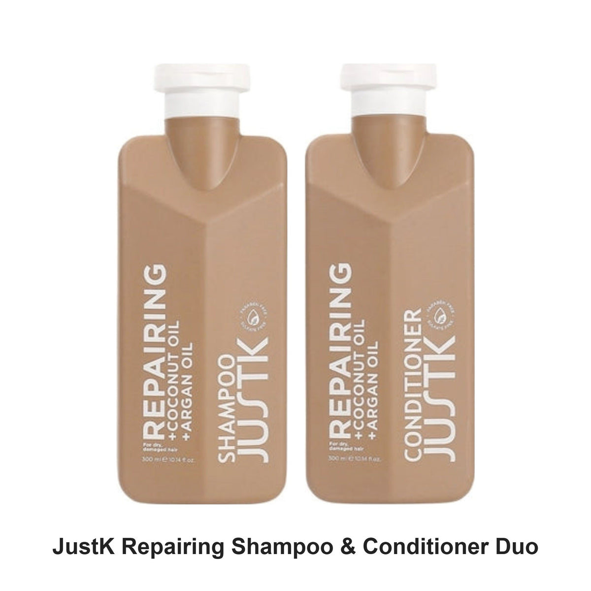 JustK - Repairing Shampoo & Conditioner Duo Bundle – bundle contents: Repairing Coconut Oil & Argan Oil Shampoo 300ml, Repairing Coconut Oil & Argan Oil Conditioner 300ml