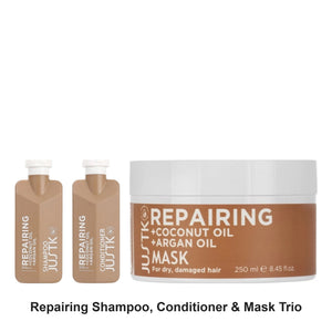 JustK - Repairing Shampoo, Conditioner & Mask Trio Bundle – bundle contents: Repairing Coconut Oil & Argan Oil Shampoo 300ml, Repairing Coconut Oil & Argan Oil Conditioner 300ml, Repairing Coconut Oil & Argan Oil Mask 250ml