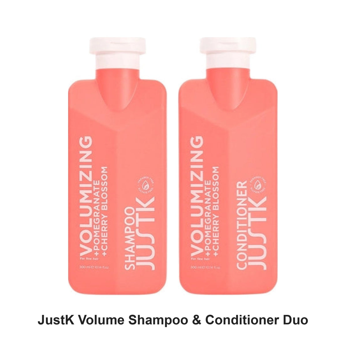 JustK - Volume Shampoo & Conditioner Duo Bundle – bundle contents: Volume Pomegranate & Cherry Blossom Shampoo 300ml, Volume Pomegranate & Cherry Blossom Conditioner 300ml