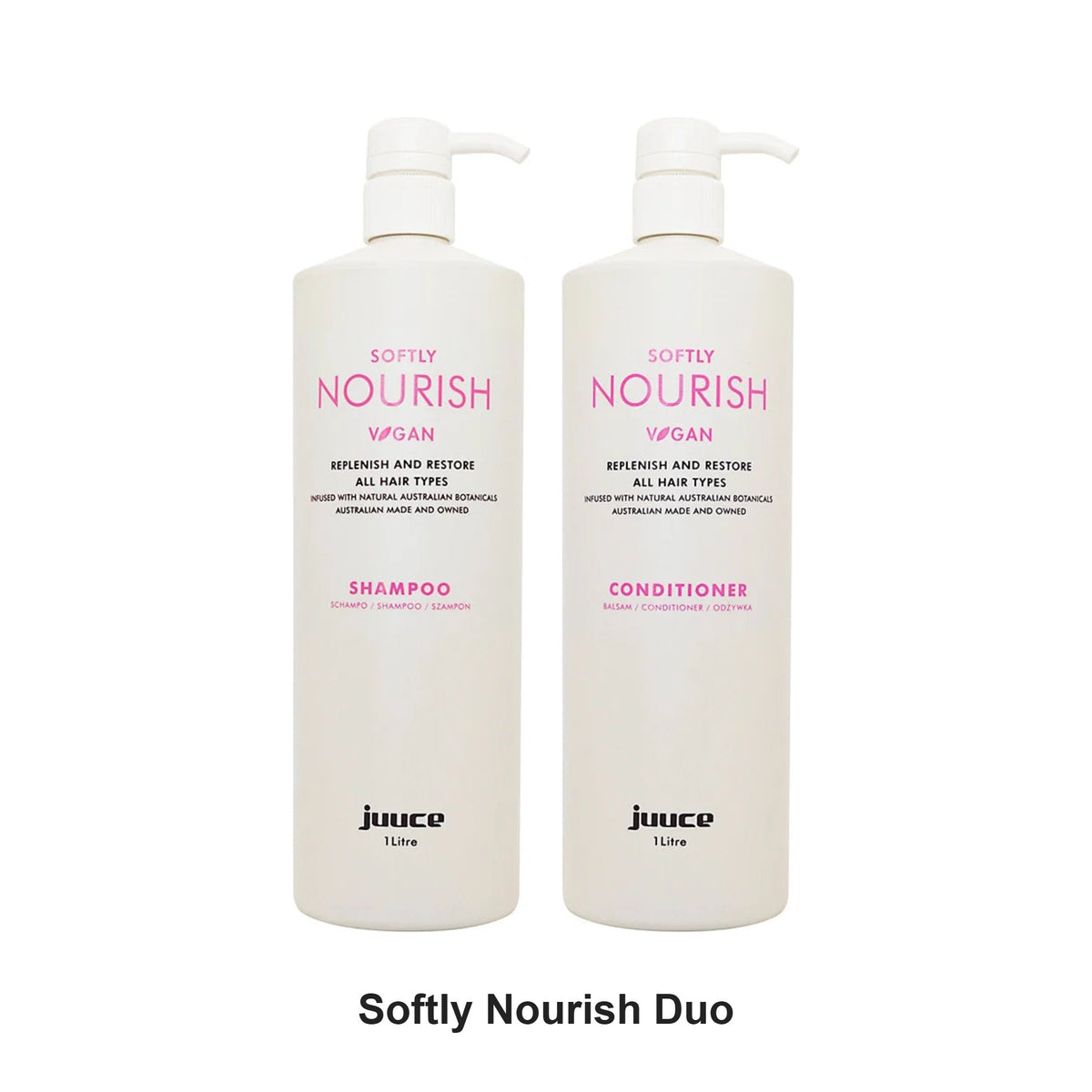 Juuce - Softly Nourish Shampoo & Conditioner Duo 1000ml Bundle – bundle contents: Softly Nourish Shampoo 1000ml, Softly Nourish Conditioner 1000ml