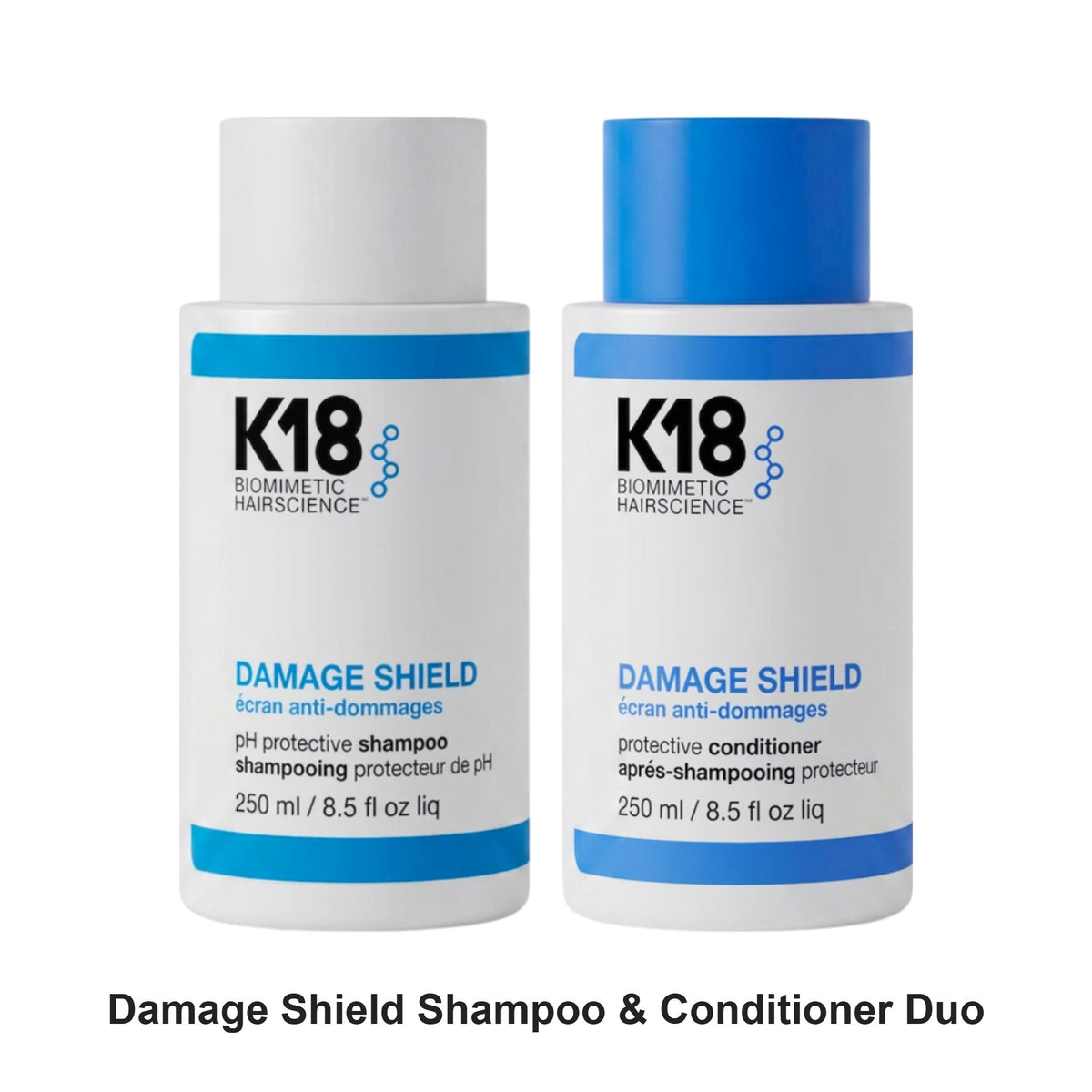 K18 - Damage Shield Shampoo & Conditioner Duo Bundle – bundle contents: Damage Shield pH Protective Shampoo 250ml, Damage Shield Protective Conditioner 250ml