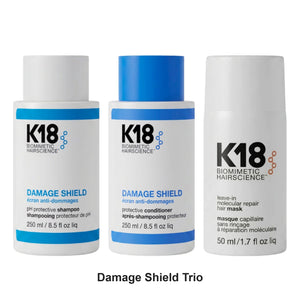K18 - Damage Shield Shampoo, Conditioner & Leave-In Mask Trio Bundle – bundle contents: Damage Shield pH Protective Shampoo 250ml, Damage Shield Protective Conditioner 250ml, Leave-In Molecular Repair Mask 50ml