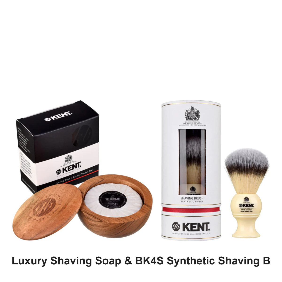 Kent - Luxury Shaving Soap & BK4S Synthetic Shaving Brush Duo Bundle – bundle contents: Luxury Shaving Soap in Dark Wood Bowl, BK4S Medium Synthetic Brush Ivory
