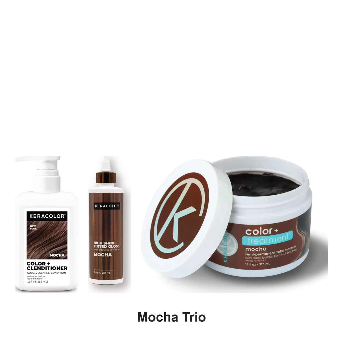 Keracolor - Mocha Color + Clenditioner, Tinted Gloss & Treatment Masque Trio Bundle – bundle contents: Color + Clenditioner Mocha 355ml, High Shine Tinted Gloss Mocha 237ml, Treatment Masque Mocha 325ml
