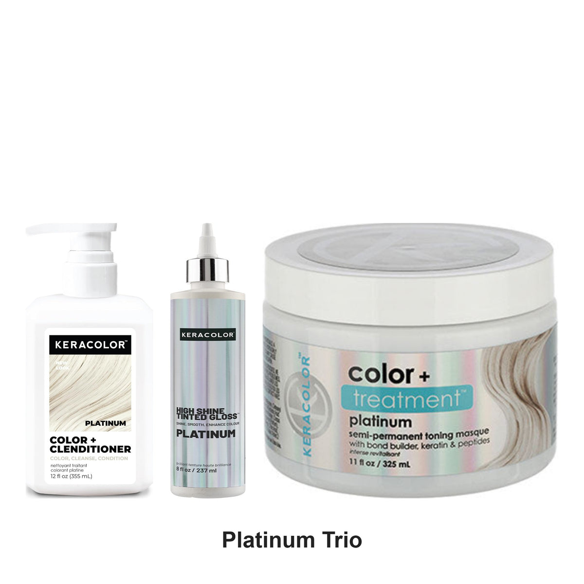 Keracolor - Platinum Color + Clenditioner, Tinted Gloss & Treatment Masque Trio Bundle – bundle contents: Color + Clenditioner Platinum 355ml, High Shine Tinted Gloss Platinum 237ml, Treatment Masque Platinum 325ml