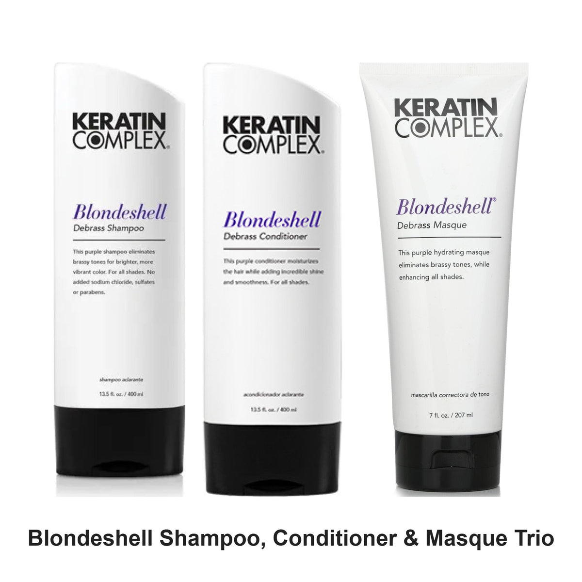 Keratin Complex - Blondeshell Shampoo, Conditioner & Masque Trio Bundle – bundle contents: Blondeshell Shampoo 400ml, Blondeshell Debrass Conditioner 400ml, Blondeshell Debrass Hair Masque 207ml
