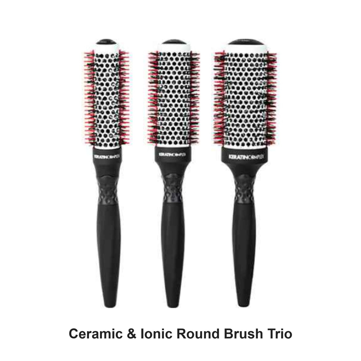 Keratin Complex - Ceramic & Ionic Round Brush Trio Bundle – bundle contents: Ceramic & Ionic Round Brush Small 51mm, Ceramic & Ionic Round Brush Medium 64mm, Ceramic & Ionic Round Brush Large 76mm