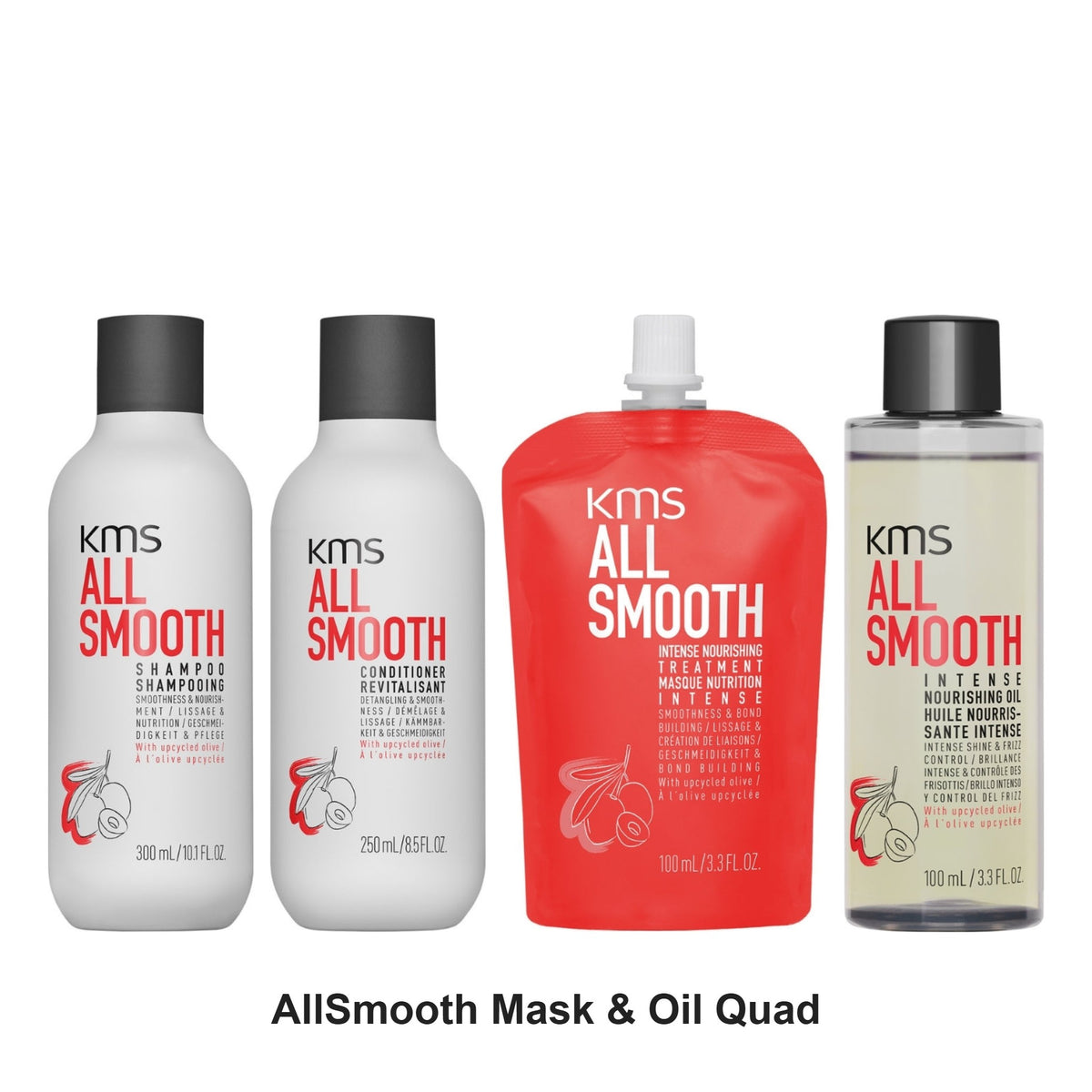 KMS - AllSmooth Shampoo, Conditioner, Mask & Oil Quad Bundle – bundle contents: AllSmooth Shampoo 300ml, AllSmooth Conditioner 250ml, AllSmooth Intense Nourishing Mask Treatment 100ml, AllSmooth Intense Nourishing Oil 100ml