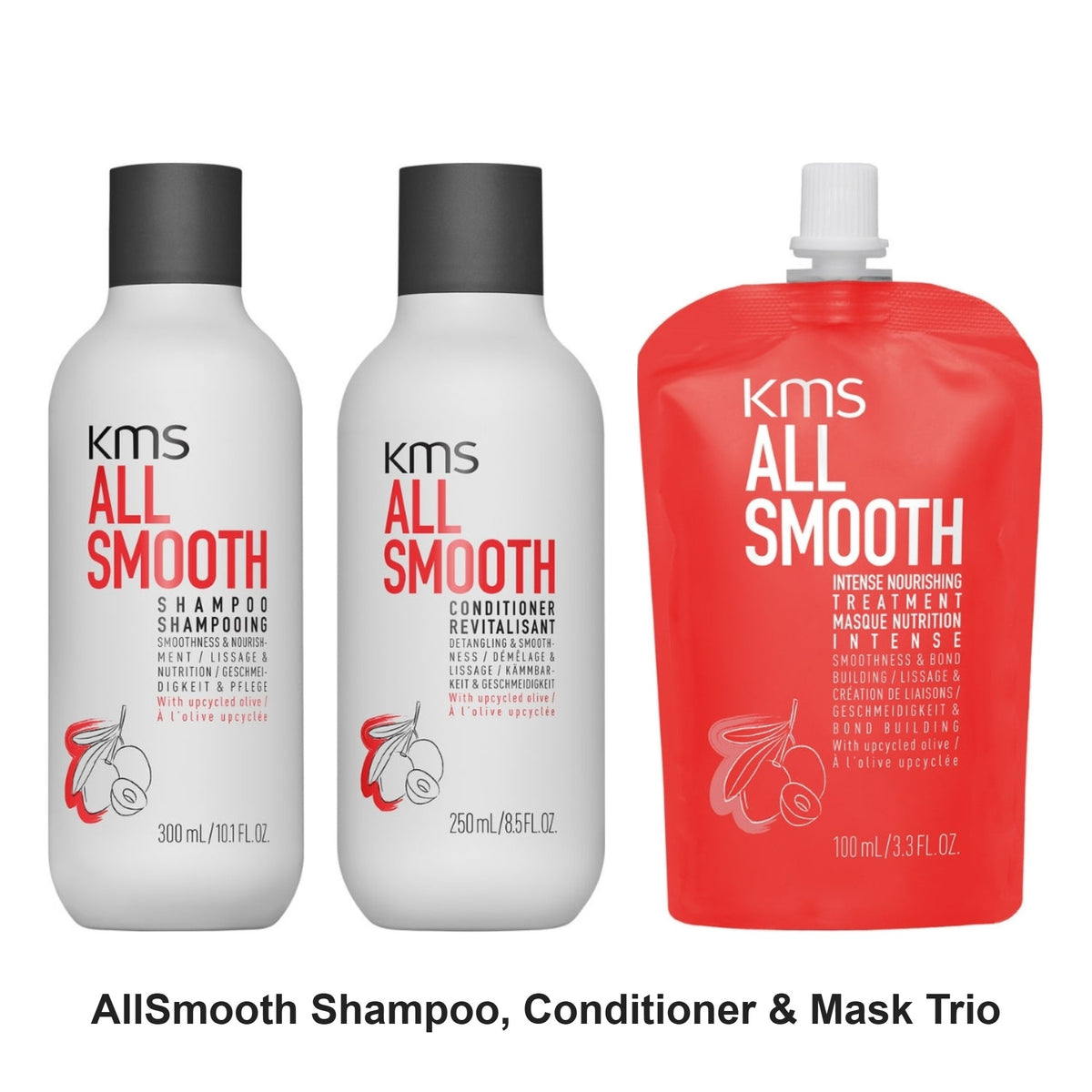 KMS - AllSmooth Shampoo, Conditioner & Mask Trio Bundle – bundle contents: AllSmooth Shampoo 300ml, AllSmooth Conditioner 250ml, AllSmooth Intense Nourishing Mask Treatment 100ml