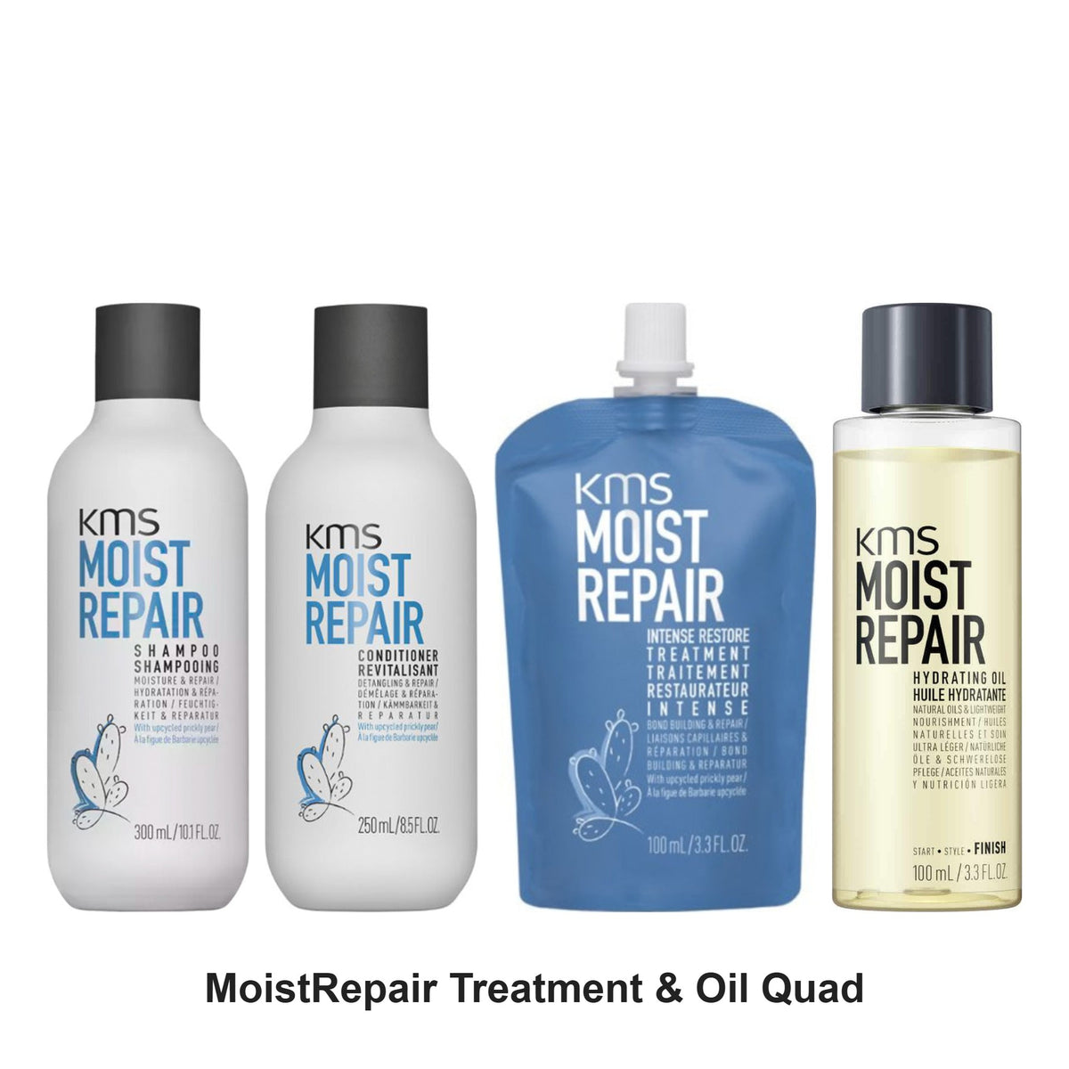 KMS - MoistRepair Shampoo, Conditioner, Treatment & Oil Quad Bundle – bundle contents: MoistRepair Shampoo 300ml, MoistRepair Conditioner 250ml, MoistRepair Intense Restore Treatment 100ml, MoistRepair Hydrating Oil 100ml