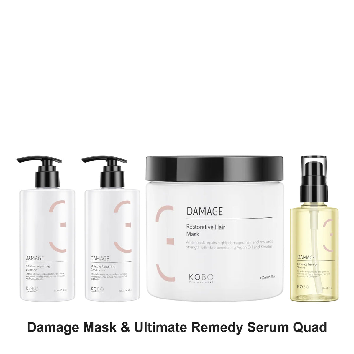 KOBO Professional - Damage Shampoo, Conditioner, Mask & Ultimate Remedy Serum Quad Bundle – bundle contents: Damage Moisture Repair Shampoo 320ml, Damage Moisture Repair Conditioner 320ml, Damage Restorative Hair Mask 450ml, Damage Ultimate Remedy Serum 80ml
