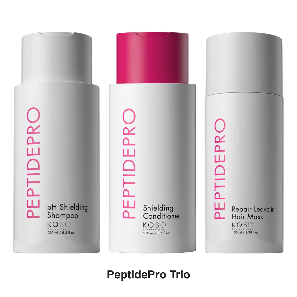KOBO Professional - PeptidePro Shampoo, Conditioner & Leave-In Mask Trio Bundle – bundle contents: PeptidePro Shielding Shampoo 250ml, PeptidePro Shielding Conditioner 250ml, PeptidePro Repair Leave-In Mask 100ml