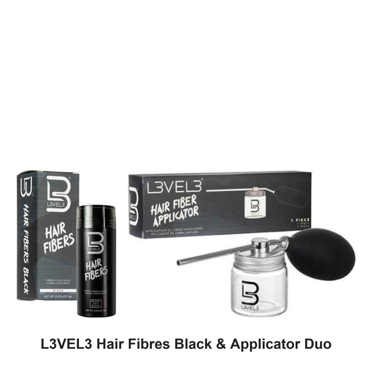 L3VEL3 - Hair Fibres Black & Applicator Duo Bundle – bundle contents: Hair Fibres Black 27.5g, Hair Fibre Applicator