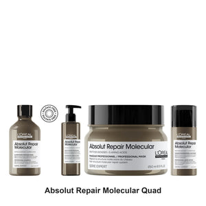L'Oreal Professionnel - Absolut Repair Molecular Shampoo, Rinse-Off Serum, Mask & Leave-In Mask Quad Bundle – bundle contents: Absolut Repair Molecular Shampoo 300ml, Absolut Repair Molecular Rinse-off Serum 250ml, Absolut Repair Molecular Mask 250ml, Absolut Repair Molecular Leave-in Mask 100ml