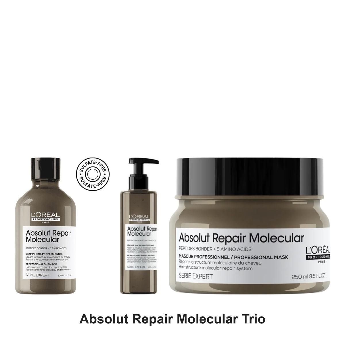 L'Oreal Professionnel - Absolut Repair Molecular Shampoo, Rinse-Off Serum & Mask Trio Bundle – bundle contents: Absolut Repair Molecular Shampoo 300ml, Absolut Repair Molecular Rinse-off Serum 250ml, Absolut Repair Molecular Mask 250ml