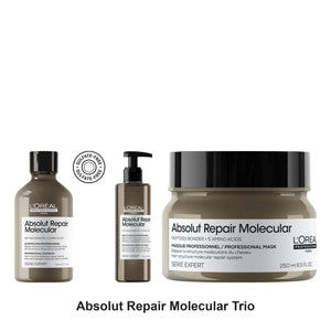 L'Oreal Professionnel - Absolut Repair Molecular Shampoo, Rinse-Off Serum & Mask Trio Bundle – bundle contents: Absolut Repair Molecular Shampoo 300ml, Absolut Repair Molecular Rinse-off Serum 250ml, Absolut Repair Molecular Mask 250ml