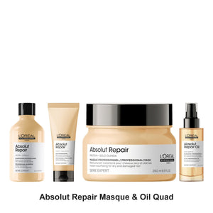 L'Oreal Professionnel - Absolut Repair Shampoo, Conditioner, Masque & Oil Quad Bundle – bundle contents: Absolut Repair Shampoo 300ml, Absolut Repair Conditioner 200ml, Absolut Repair Masque 250ml, Absolut Repair 10-in-1 Oil 90ml