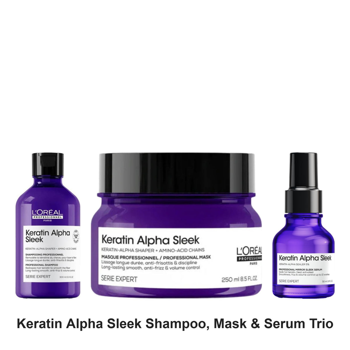 L'Oreal Professionnel - Keratin Alpha Sleek Shampoo, Mask & Serum Trio Bundle – bundle contents: Keratin Alpha Sleek Shampoo 300ml, Keratin Alpha Sleek Mask 250ml, Keratin Alpha Sleek Serum 50ml