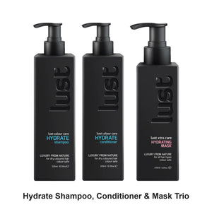Lust - Hydrate Shampoo, Conditioner & Mask Trio Bundle – bundle contents: Hydrate Shampoo 325ml, Hydrate Conditioner 325ml, Hydrating Mask 175ml