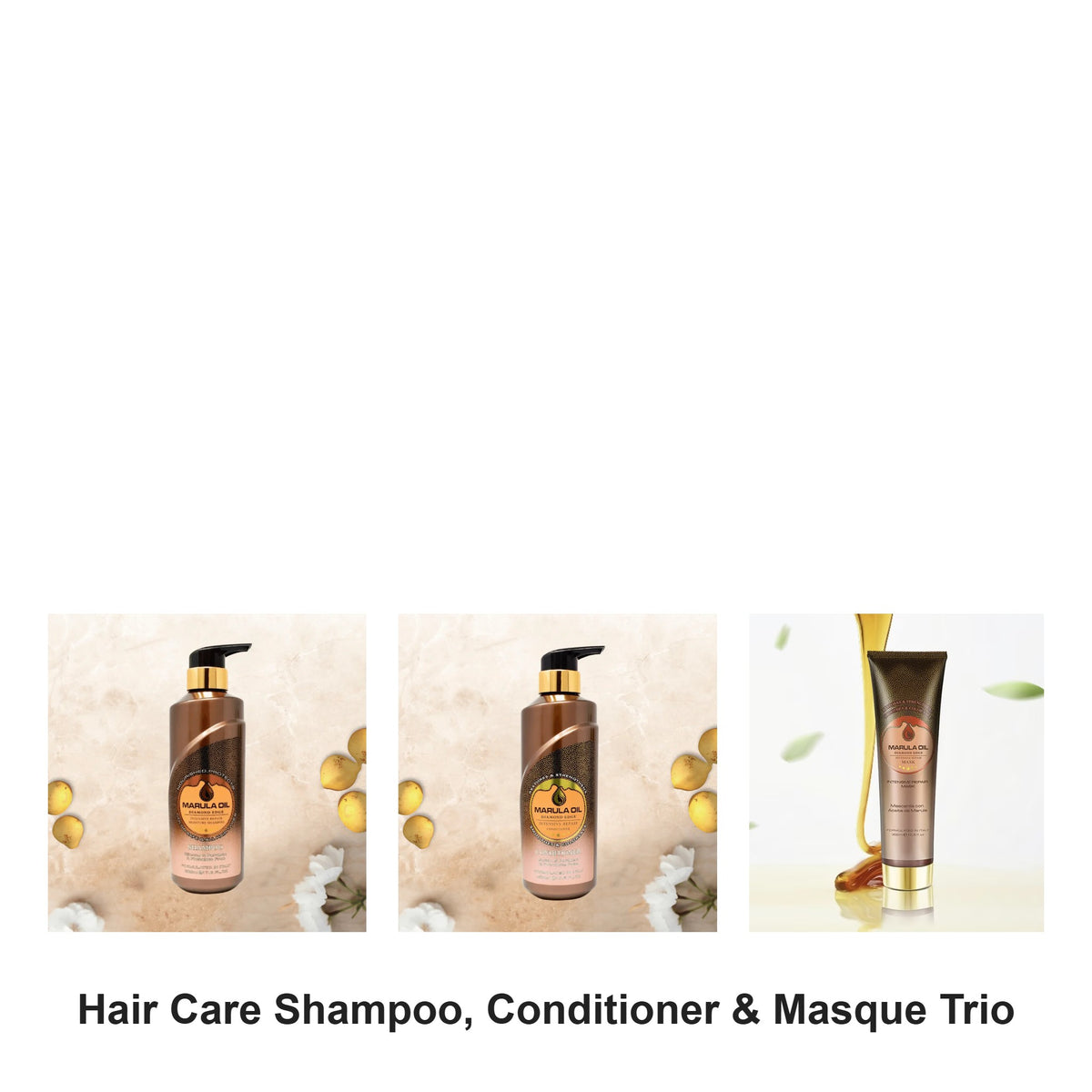 Marula Oil - Shampoo, Conditioner & Masque Trio Bundle – bundle contents: Shampoo 500ml, Conditioner 500ml, Masque 300ml