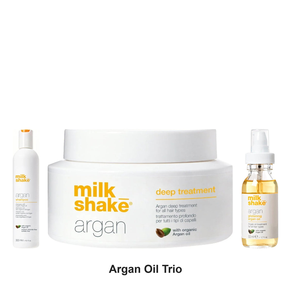 Milk Shake - Argan Oil Shampoo, Deep Treatment & Argan Oil Trio Bundle – bundle contents: Argan Oil Shampoo 300ml, Argan Oil Deep Treatment 200ml, Argan Oil 50ml