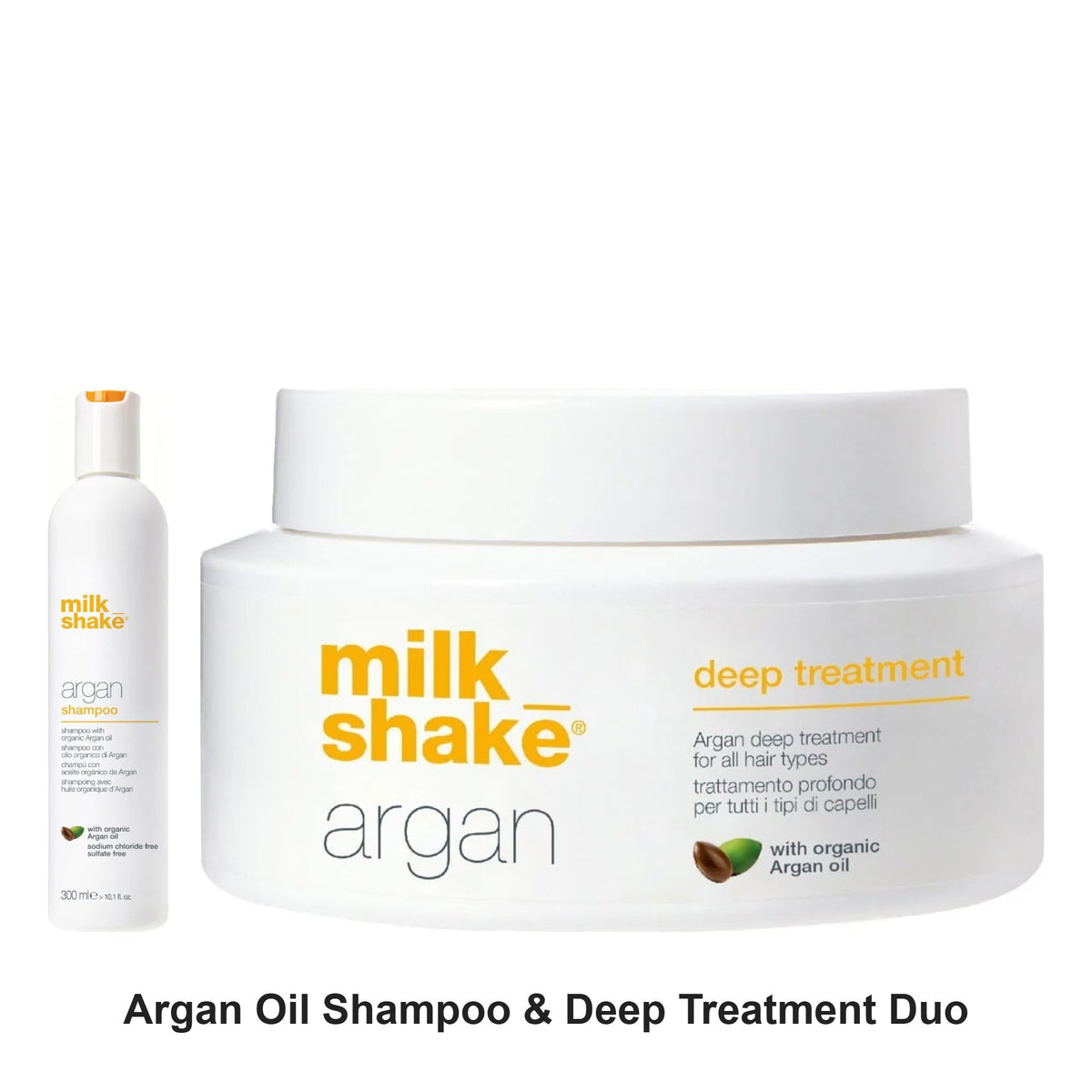 Milk Shake - Argan Oil Shampoo & Deep Treatment Duo Bundle – bundle contents: Argan Oil Shampoo 300ml, Argan Oil Deep Treatment 200ml